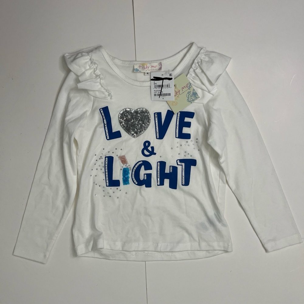 Truly Me Kids Love & Light Glitter Graphic Long Sleeve Top Size 5 NWT